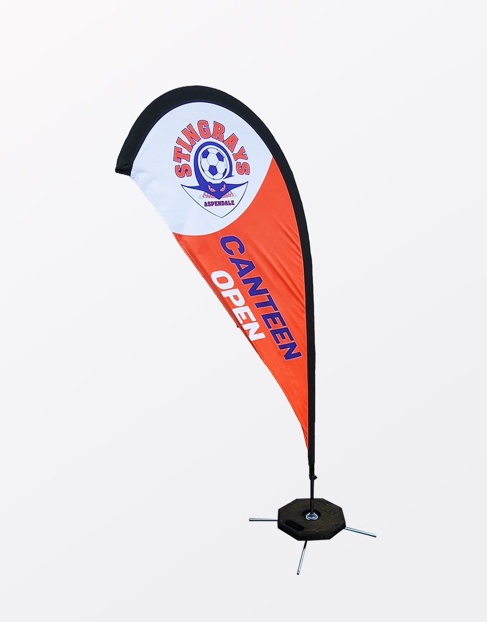 Teardrop flag for Stingray Soccer Club – outdoor use, designed by Peter Sung Design in Melbourne